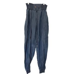 Bebe (S) Blue Chambray High Rise Jogger Pants Smocked Waist Y2K Utility